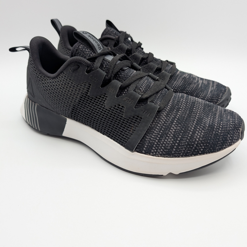 Reebok Fusium Run sneakers in black, grey, and white. Sz 8